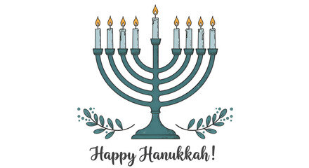 Happy Hanukkah Greeting Card Illustration - Menorah with Olive Branches