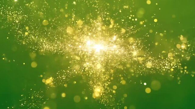 Gold Particle Burst with Light Glow over Green Background &ndash; Festive Overlay Effect