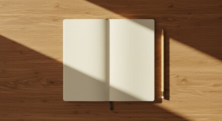 Open notebook and pencil on wooden desk in sunlight - creative workspace concept
