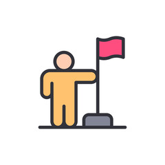 Stylized Illustration Of A Person Planting A Red Flag On Terrain