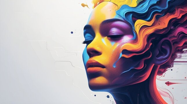 Artistic digital illustration of a woman's face with vibrant flowing abstract colors on a light background.