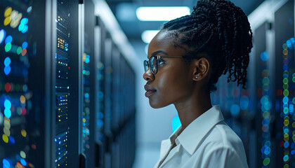Data Center Technician: A focused female technician examines server racks in a modern data center, showcasing expertise and technological prowess.