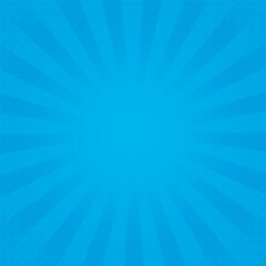 Comic background. Pop art texture. Starburst cartoon style. Anime design with explosion effect for print. Fun dot pattern. Blue backdrop with halftone gradient.