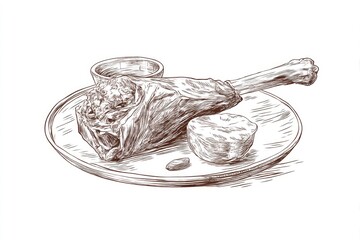 Roasted Lamb Shank Plate Elegant HandDrawn Food Illustration.