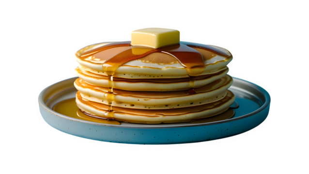 Isolated Stack of Three Fluffy Pancakes with Butter and Maple Syrup on Transparent Background