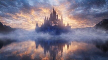 Fototapeta premium Enchanted Castle Rising from Misty Lake