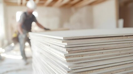 Stack of Drywall Sheets at a Construction Site with a Blurred Worker - Powered by Adobe