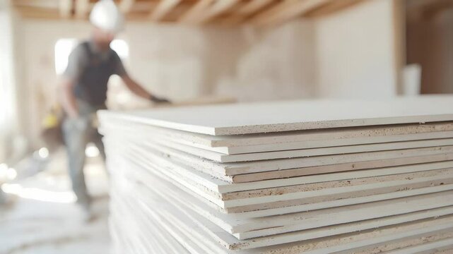Stack of Drywall Sheets at a Construction Site with a Blurred Worker