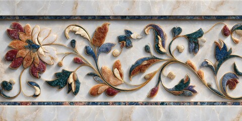 Intricate floral marble inlay with vibrant colored stone petals and scrollwork
