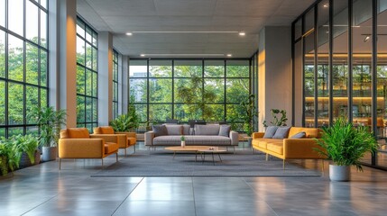 Modern Living Room with Large Windows and Stylish Furniture
