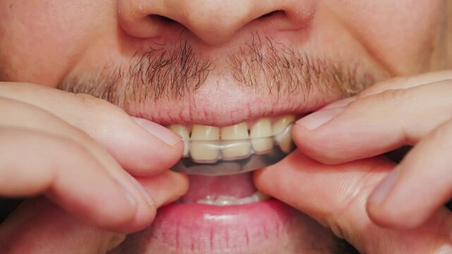 Man putting on a mouthguard, close-up. Dental trainer for adults for the treatment of bruxism. High quality 4k footage