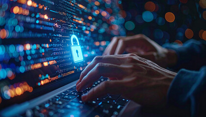 Cybersecurity: A pair of hands expertly navigates a laptop, highlighting the intricate world of digital security, symbolized by a glowing lock, safeguarding sensitive data within the digital realm.