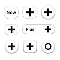Obraz premium Collection of plus signs and new labels in white buttons on isolated background