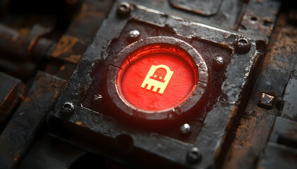 Glowing red circular emblem within a metallic, industrial square frame.  Intricate details showcase aged, textured metal