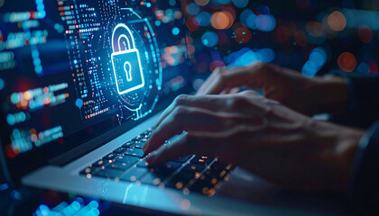 Cybersecurity Expert at Work: Close-up shot of hands typing on a laptop keyboard, with a digital padlock and data stream on the screen, symbolizing online security and data protection. 