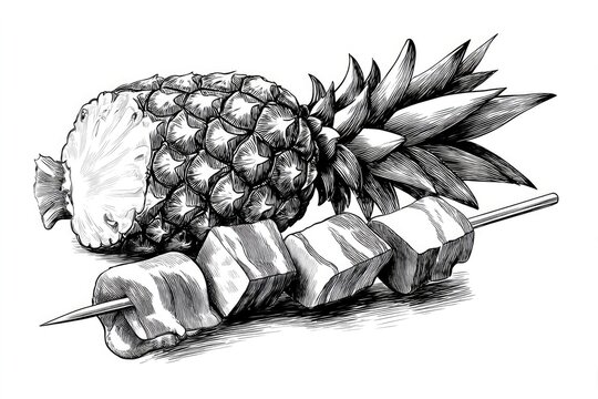pineapple and skewers black and white drawing clip art preview