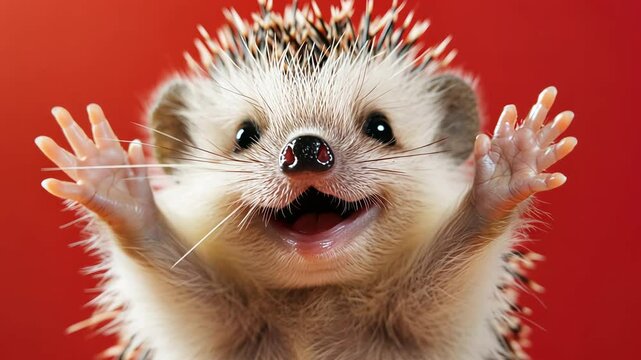 Adorable hedgehog with outstretched paws on vibrant red background.