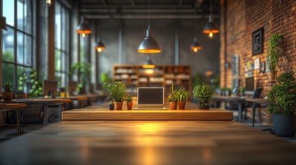 Modern Office Interior with Laptop and Plants in Cozy Atmosphere