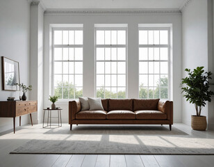 Front view of living room with windows in white background and leather couch for 3 people.
