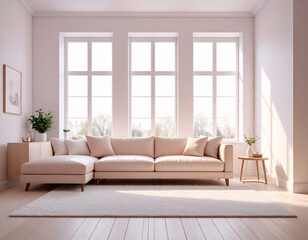 The view of the living room with the sunshine and bright colored sofa coming through the large window.
