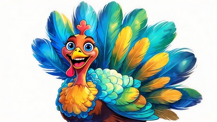 A bright and cheerful cartoon turkey with colorful feathers, featuring bold outlines and vibrant