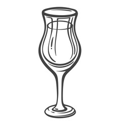 Tulip-shaped alcohol glass with wide bowl and narrow rim, sketched in clean bold lines. Elegant drinkware for strong beverages, spirits, or tasting menus. Vector illustration.