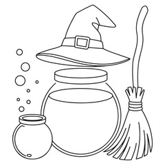 Witch Hat with Broom and Cauldron – Halloween Coloring Page