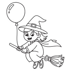 Cute Witch Flying with Balloon – Halloween Coloring Page