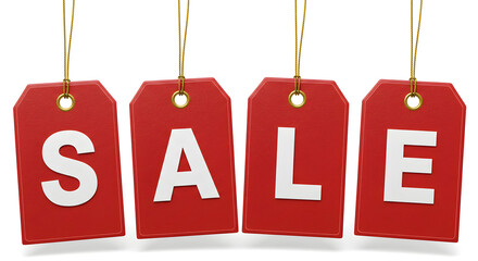 Sale Red Tags with White Lettering Hanging on Gold Strings Against a White Background for Marketing Promotion