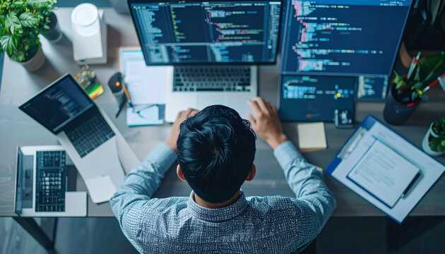 Code Compilation Workspace: View from above, a coding workspace with computers, laptops, and a programmer, focused on software creation.
