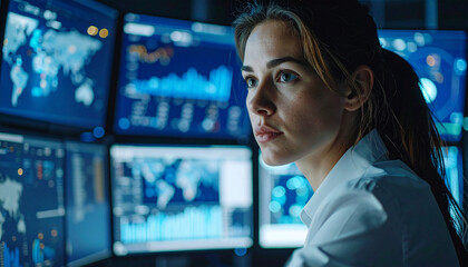 Intense Focus: A skilled professional studies intricate data displayed on multiple screens in a futuristic command center, a portrait of concentration and technological mastery.