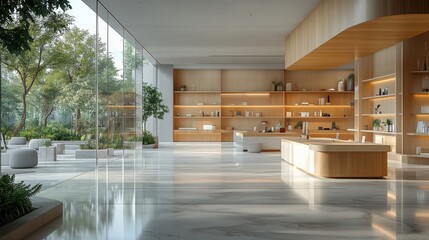 Modern Reception Area with Natural Light and Elegant Wood Accents