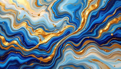 imagine a mesmerizing abstract fluid art piece that captures the essence of opulence and playfulness, picture vibrant blue and gold swirls dancing across the canvas