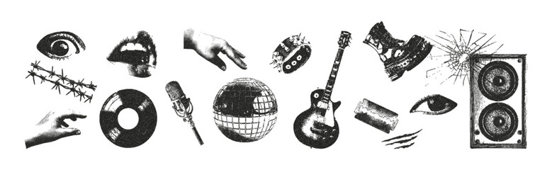  Trendy photocopy monochrome stipple elements set. Speaker, shoe, cracked mirror, eye, guitar, mouth, microphone, vinyl record, disco ball. Grunge punk dots texture for collage design.