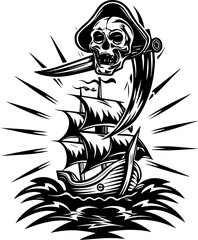 SVG depicting a skull in a dramatic battle pose amidst a stormy sea. Dramatic Scene of a Skull and Pirate Ship Amidst Stormy Sea Environment