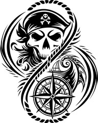 SVG depicting a skull in a dramatic battle pose amidst a stormy sea. Skull and Pirate Theme Design with Stormy Sea Elements