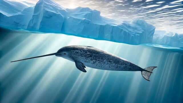 Majestic Narwhal gracefully swims beneath an Arctic iceberg showcasing its unique tusk in a breathtaking underwater scene of pristine glacial waters.