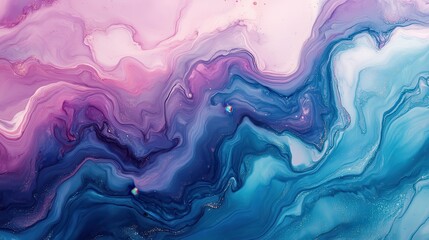 Abstract fluid art painting with pink and blue swirls and vibrant color transitions