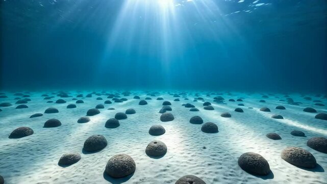 Stunning Underwater Scene of Ocean Floor with Sunbeams Illuminating Numerous Dark Grey Sea Urchins on Sandy Seabed