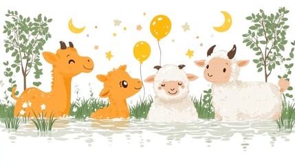 Obraz premium Adorable Animals in a Nighttime Pond: Giraffes, Sheep, and Balloons