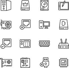 Computer Hardware line editable icon set. Containing pc case, graphics card, processor, telephone and more. Vector illuatration