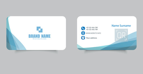 A clean and professional business card design featuring abstract blue waves, rounded corners, QR code space, and modern icons. Ideal for corporate identity, creative agencies, or freelance professiona