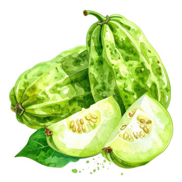 Fresh Green Pointed Gourds Watercolor Illustration Two Whole and Two Slices Healthy Vegetarian Food