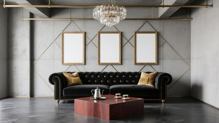 Obraz premium Luxury Living Room Decor Decorative Painting Mockups with Gold Picture Frames and Elegant Layouts