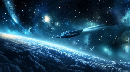 A galactic landscape with a spaceship leaving Earth&acirc;&euro;&trade;s atmosphere 