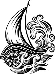 SVG vector of a pirate skull at the ship's wheel. Artistic Representation of a Cursed Ship's Wheel and Sail Design
