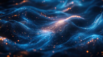 Glowing particles on abstract blue waves illuminated by orange light