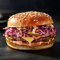 a New York Pastrami Smash Burger with slices of Pastrami, Reuben Sauce, Cucumber, Red Onions, pickled cabbage, Gruyere Cheese and a thin smashed patty on a brioche bun, on dark background