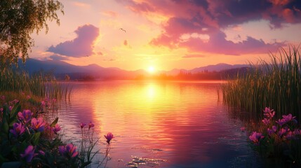 Obraz premium Tranquil sunset over lake with mountains and flowers in serene landscape
