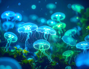 A mesmerizing underwater scene showcases bioluminescent jellyfish pulsating with vibrant blue and green light amidst dark water and blurred bokeh